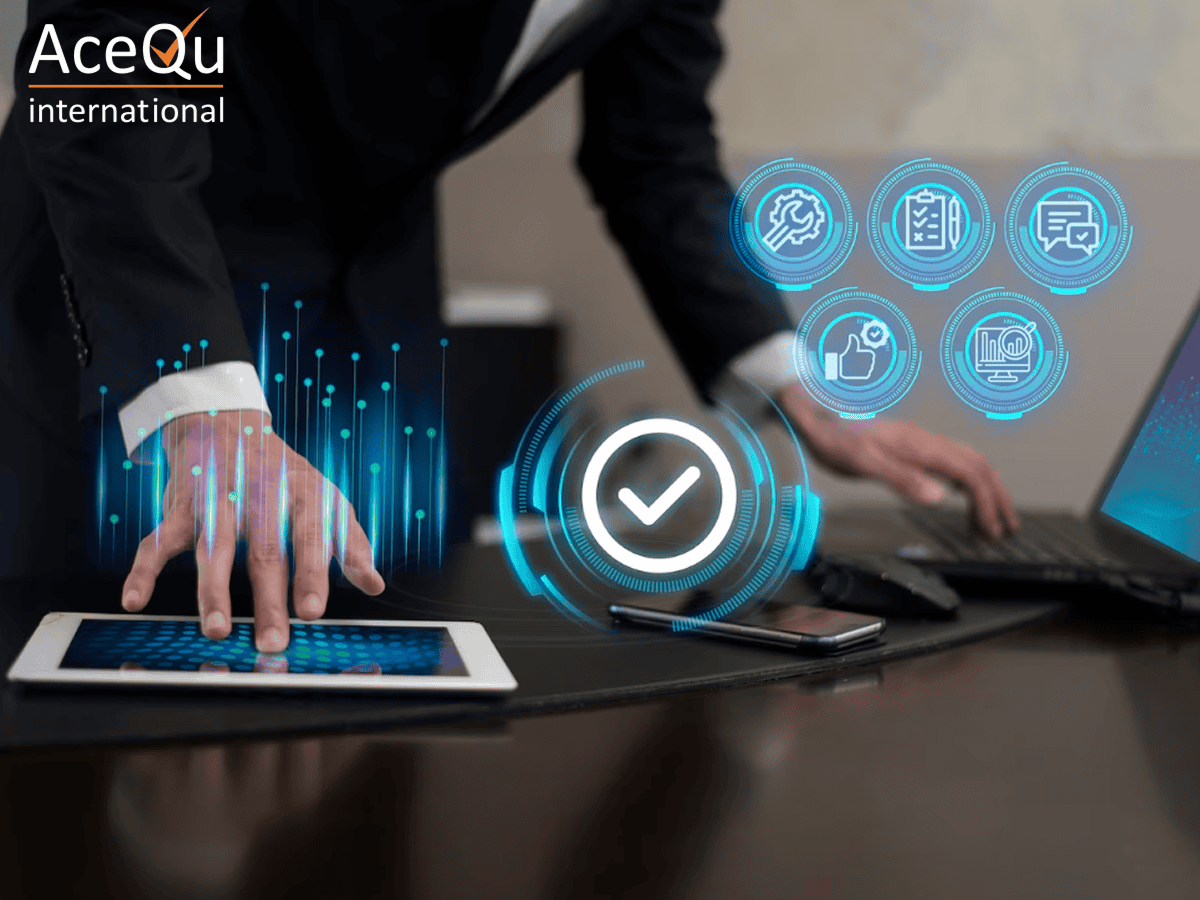 Business team reviewing QMS processes in office